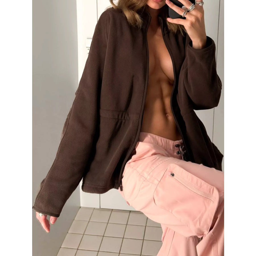 Drawstring Fleece Zip-Up Outerwear Apparel and Accessories