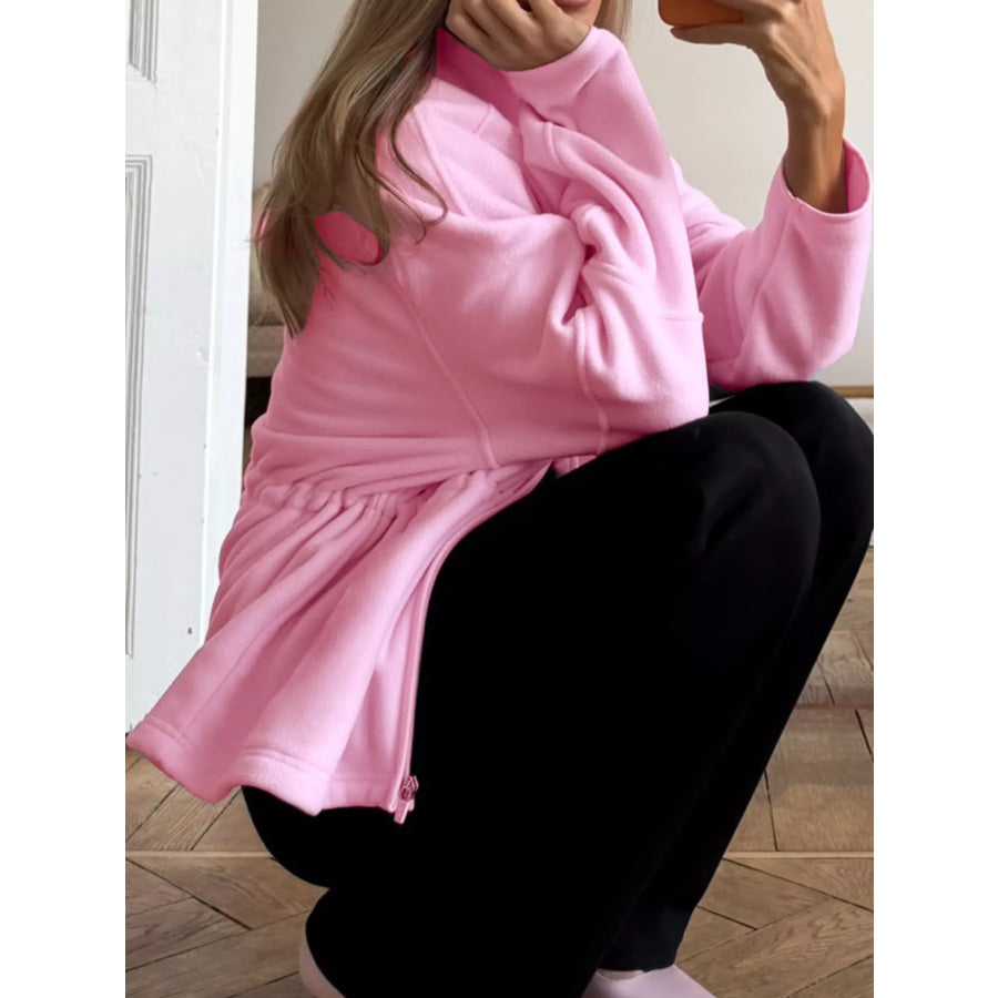 Drawstring Fleece Zip-Up Outerwear Apparel and Accessories