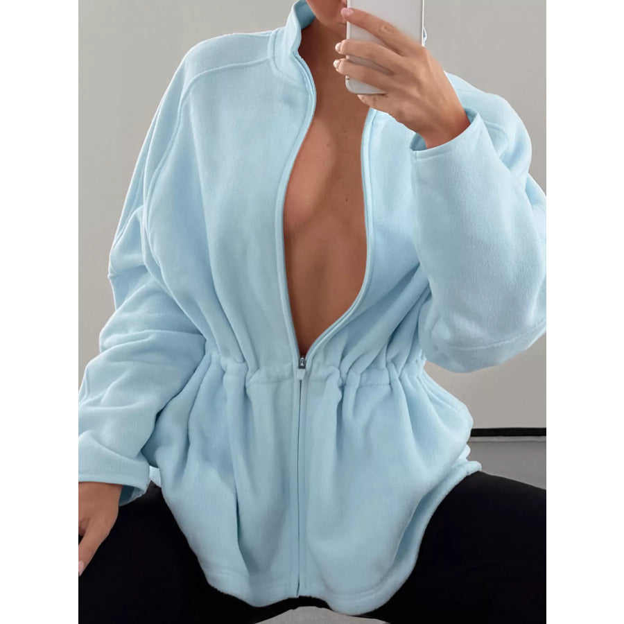 Drawstring Fleece Zip-Up Outerwear Apparel and Accessories