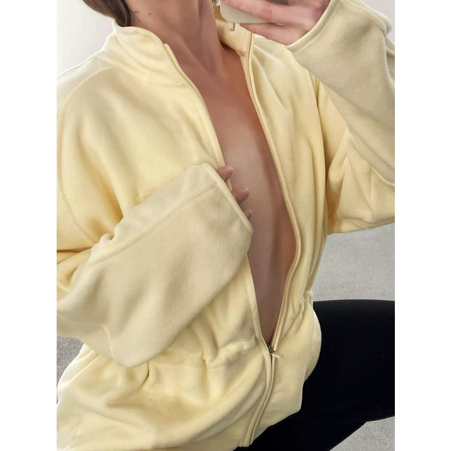 Drawstring Fleece Zip-Up Outerwear Apparel and Accessories