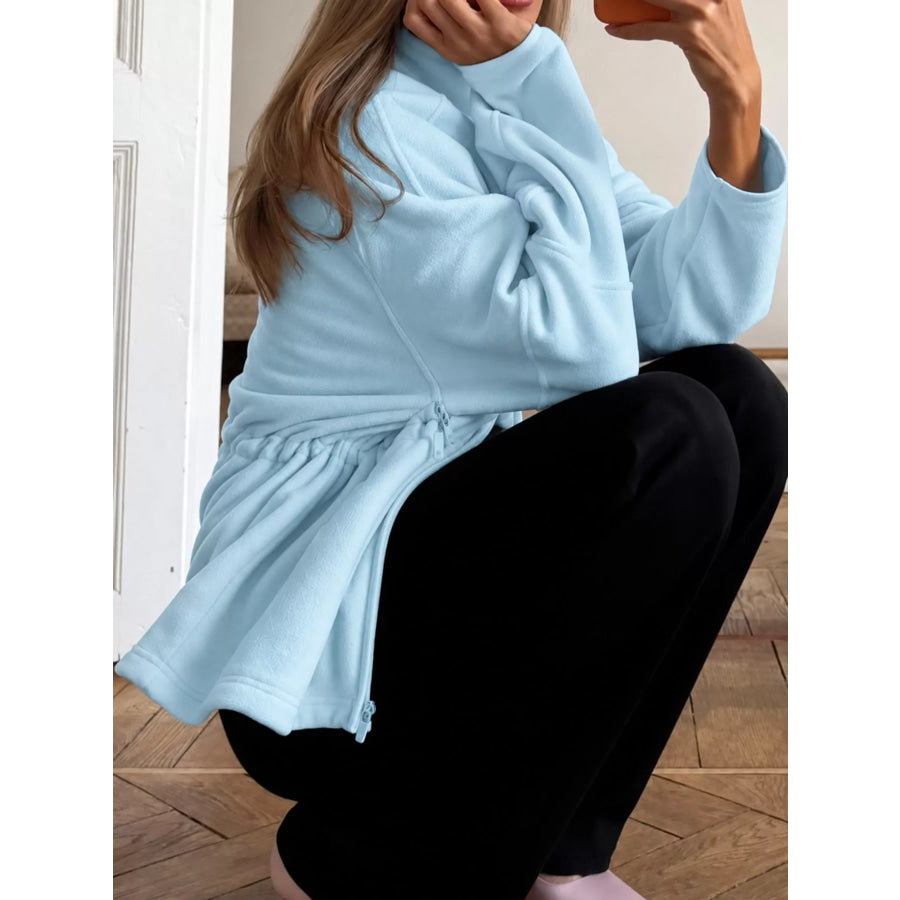 Drawstring Fleece Zip-Up Outerwear Apparel and Accessories