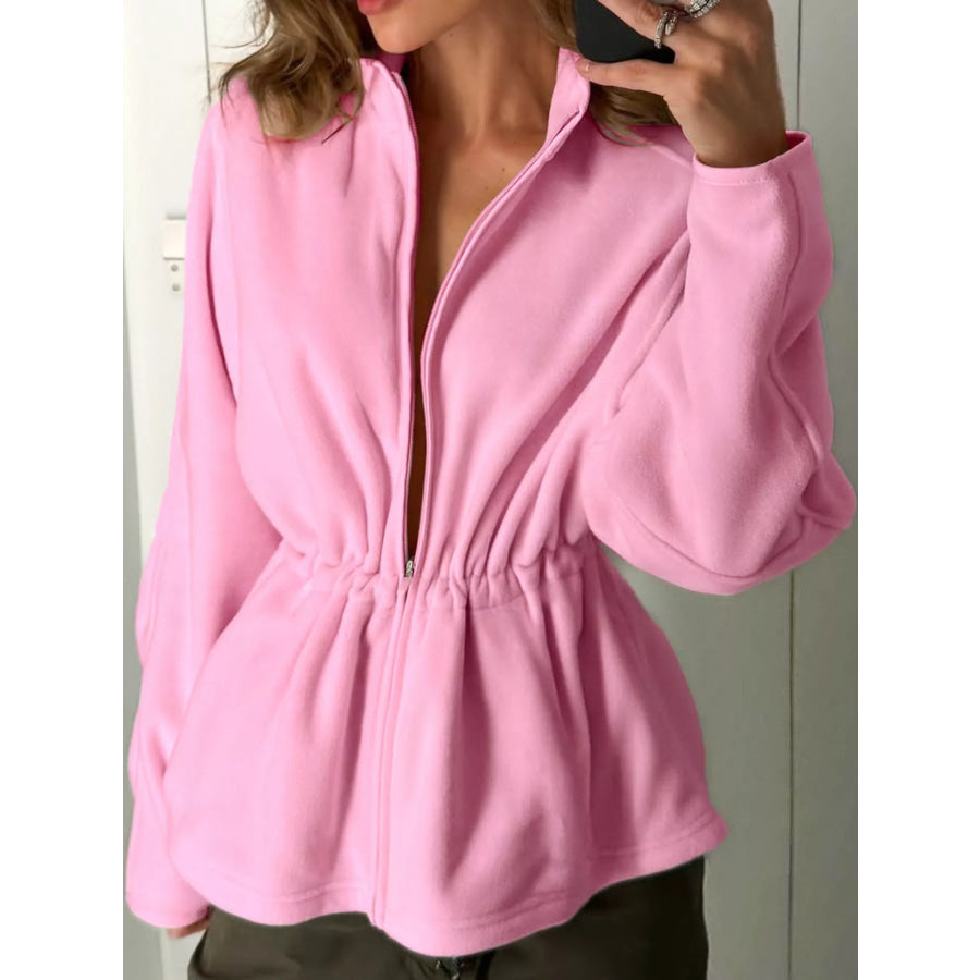 Drawstring Fleece Zip-Up Outerwear Apparel and Accessories