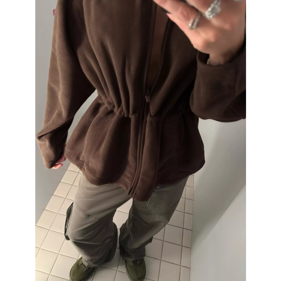 Drawstring Fleece Zip-Up Outerwear Apparel and Accessories
