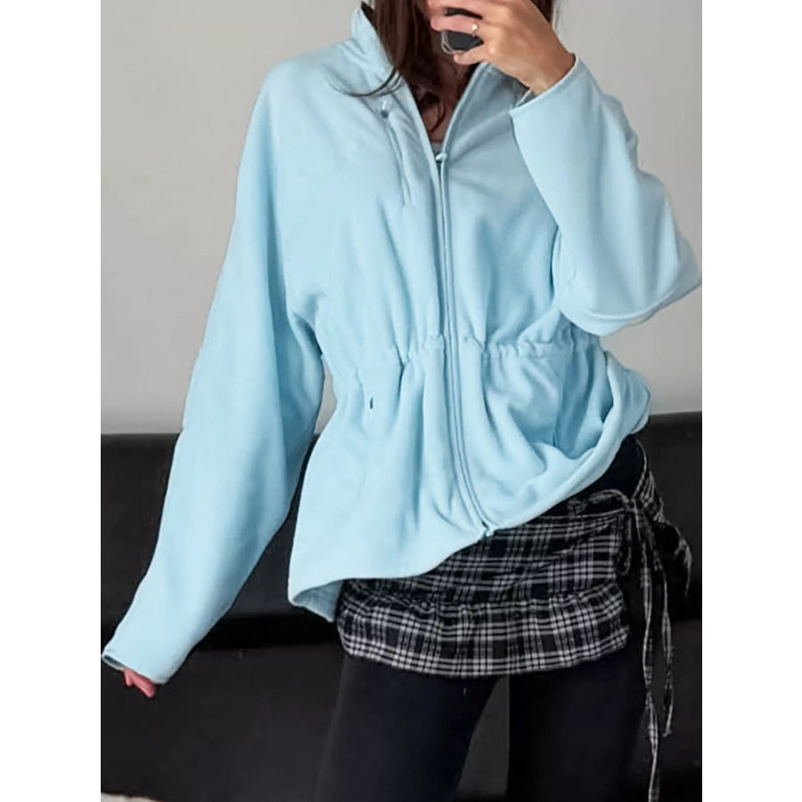 Drawstring Fleece Zip-Up Outerwear Blue / S Apparel and Accessories