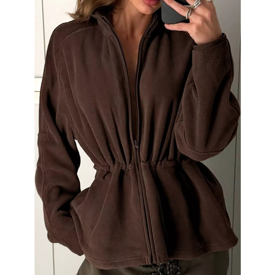 Drawstring Fleece Zip-Up Outerwear Brown / S Apparel and Accessories