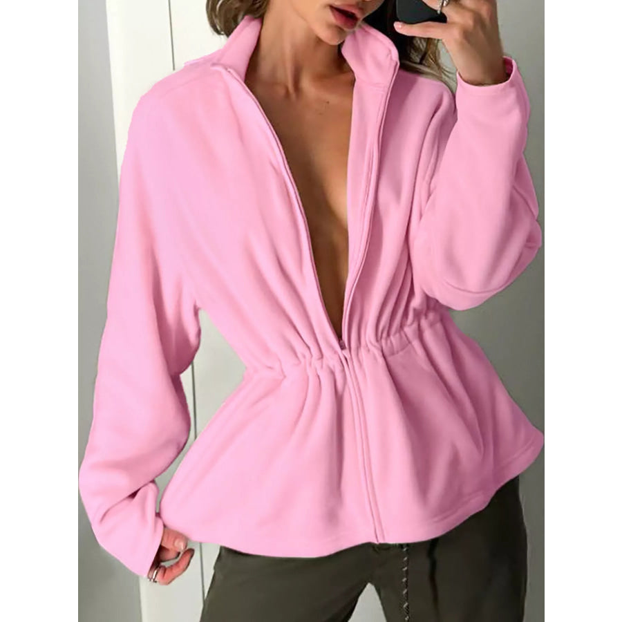 Drawstring Fleece Zip-Up Outerwear Pink / S Apparel and Accessories