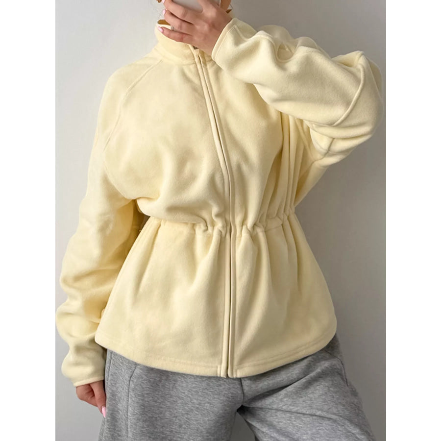 Drawstring Fleece Zip-Up Outerwear Yellow / S Apparel and Accessories