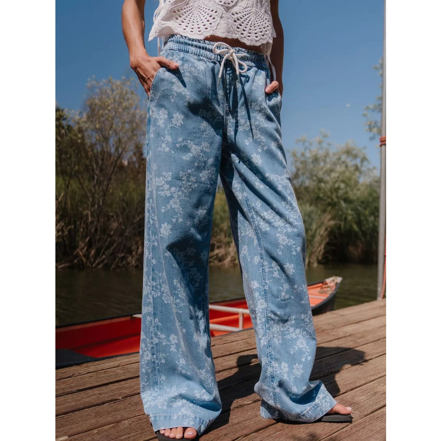 Drawstring Floral Wide-Leg Jeans Apparel and Accessories