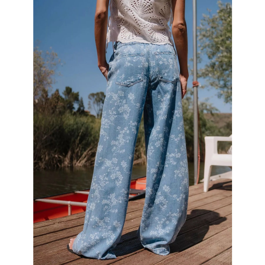 Drawstring Floral Wide-Leg Jeans Apparel and Accessories