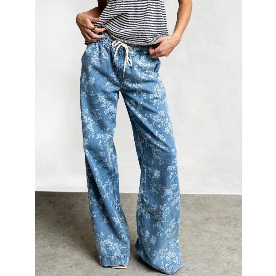 Drawstring Floral Wide-Leg Jeans Apparel and Accessories