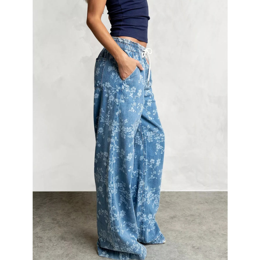 Drawstring Floral Wide-Leg Jeans Apparel and Accessories