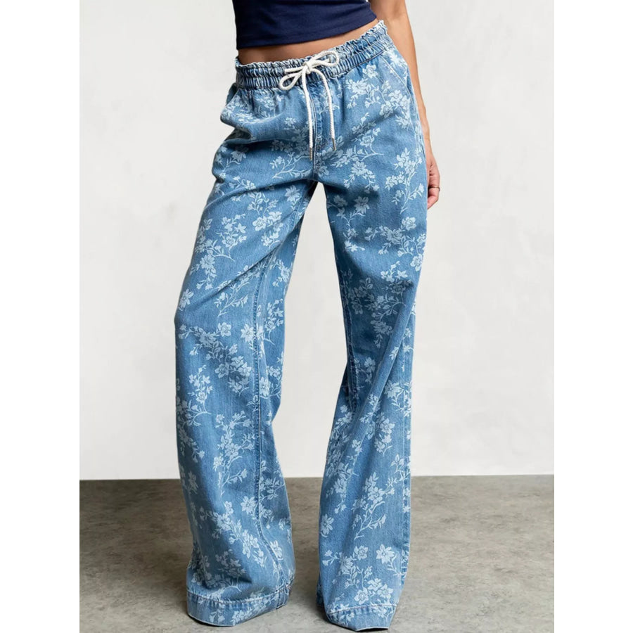 Drawstring Floral Wide-Leg Jeans Blue / S Apparel and Accessories