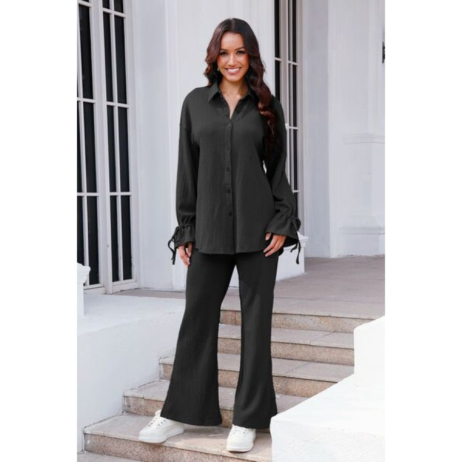 Drawstring Flounce Sleeve Shirt and Pants Set Black / S Clothing