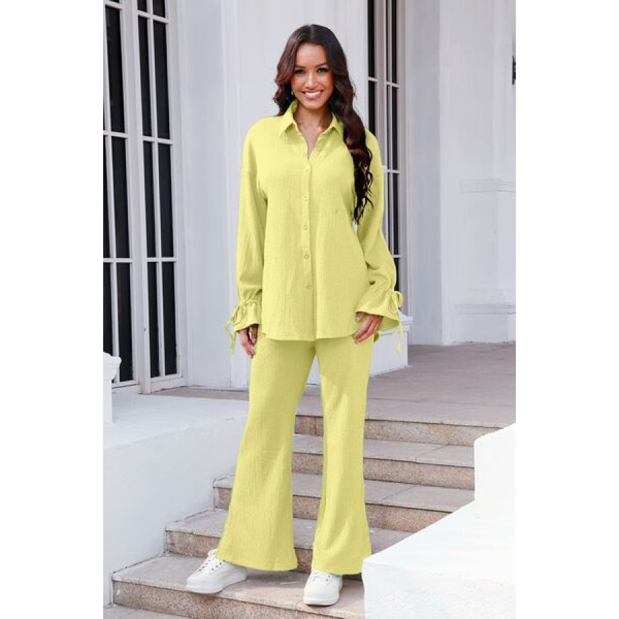 Drawstring Flounce Sleeve Shirt and Pants Set Butter Yellow / S Clothing