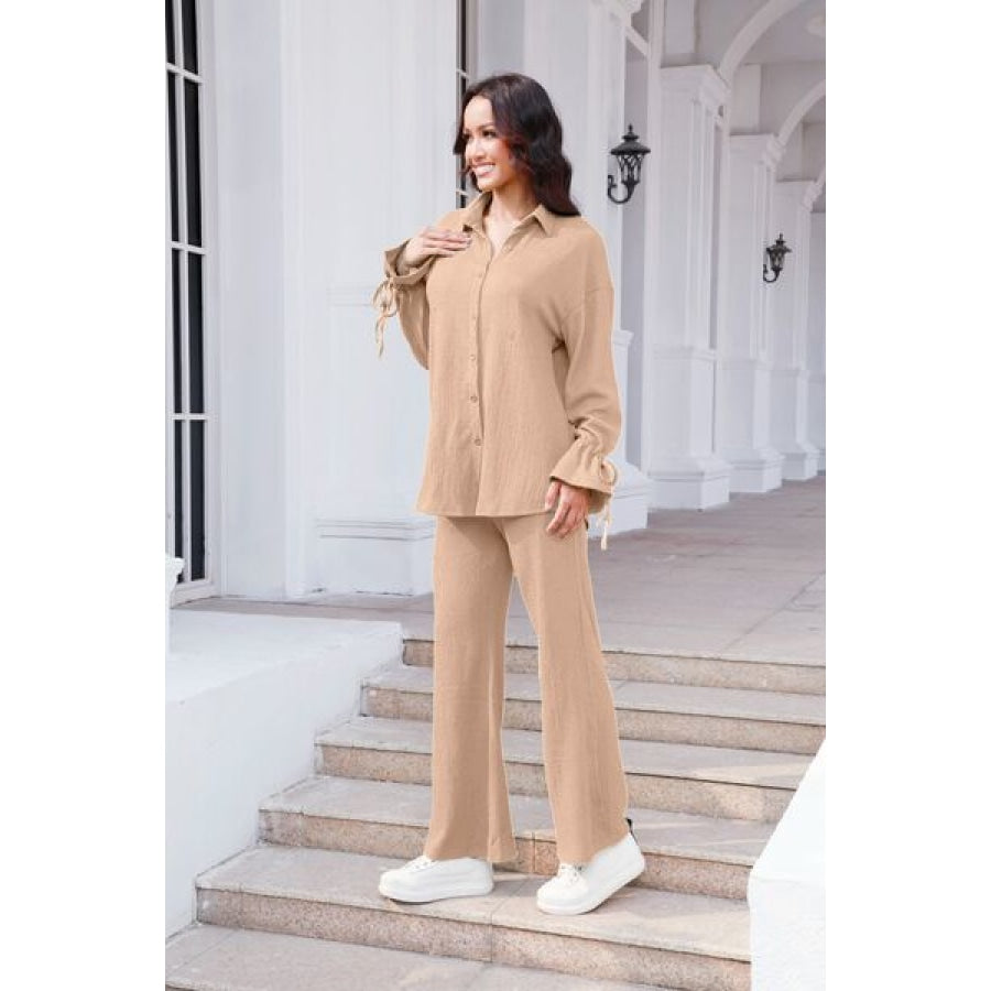 Drawstring Flounce Sleeve Shirt and Pants Set Clothing