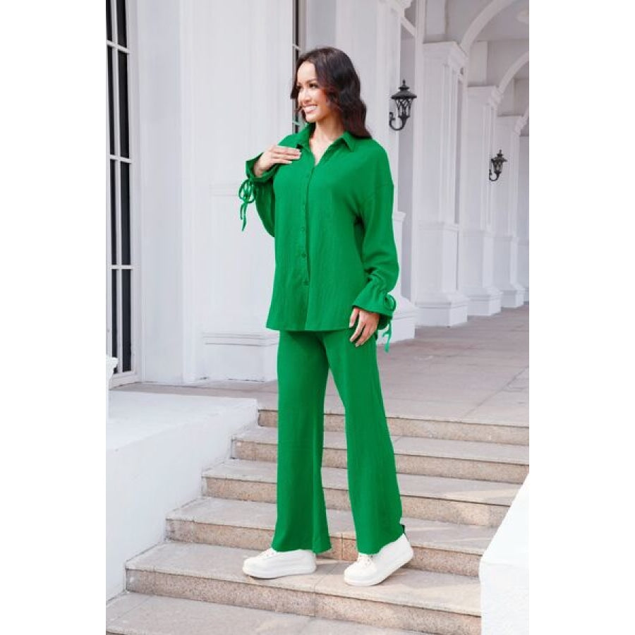 Drawstring Flounce Sleeve Shirt and Pants Set Clothing