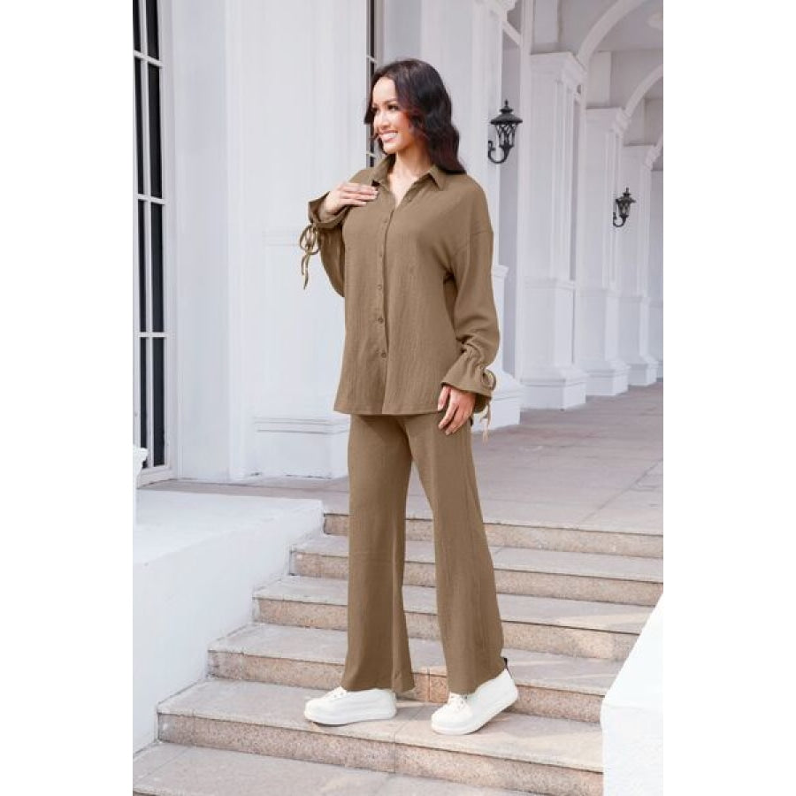 Drawstring Flounce Sleeve Shirt and Pants Set Clothing