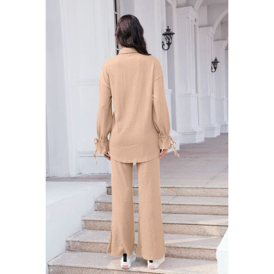 Drawstring Flounce Sleeve Shirt and Pants Set Clothing