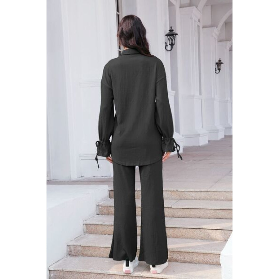 Drawstring Flounce Sleeve Shirt and Pants Set Clothing