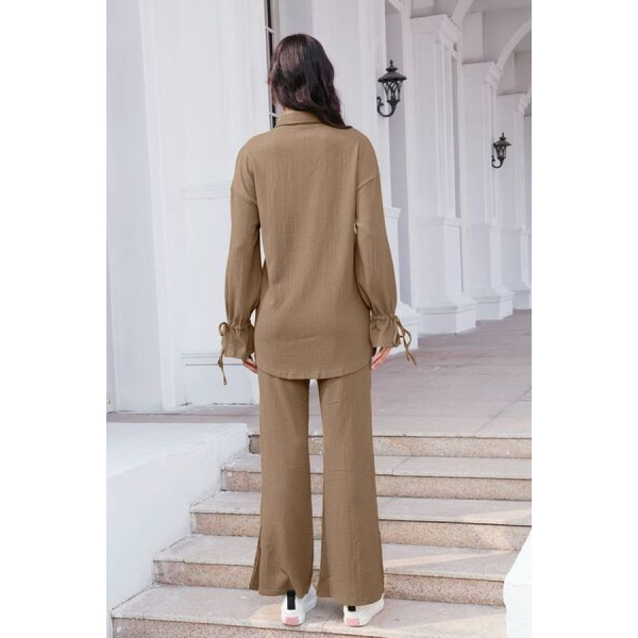 Drawstring Flounce Sleeve Shirt and Pants Set Taupe / S Clothing