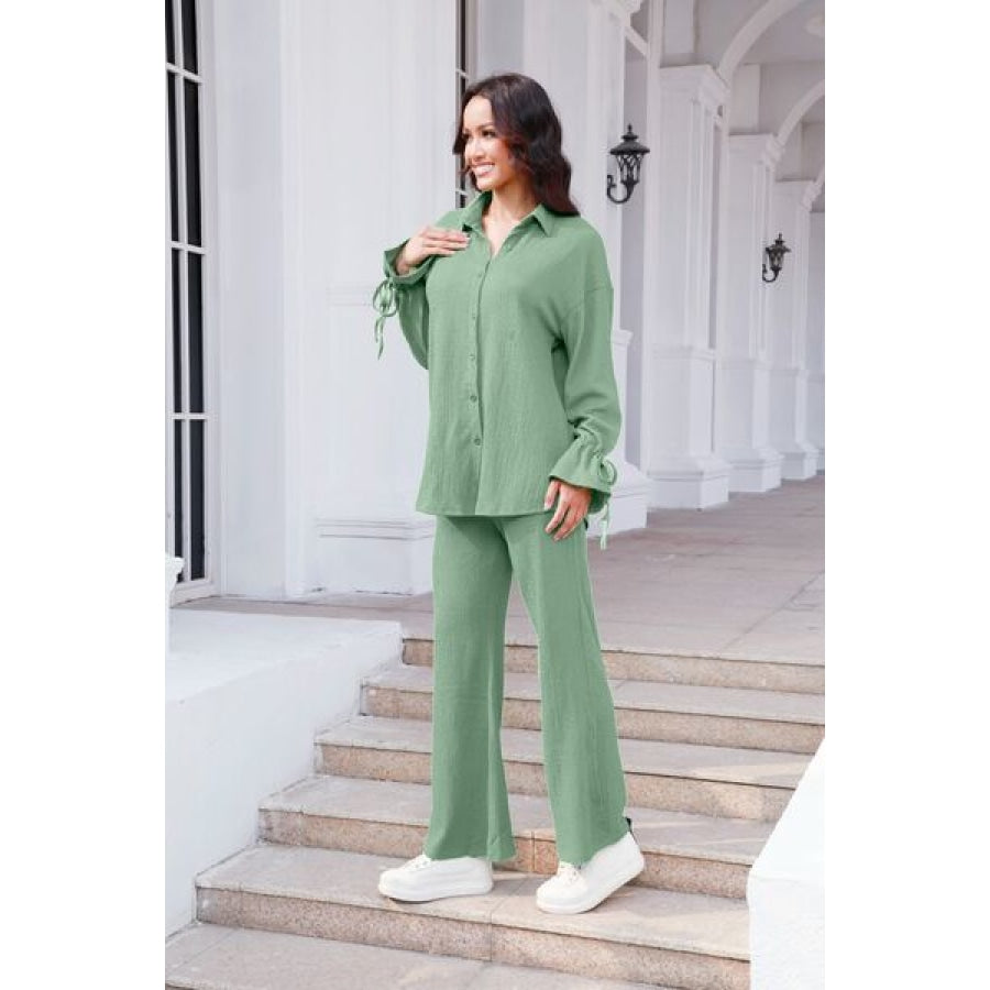 Drawstring Flounce Sleeve Shirt and Pants Set Clothing