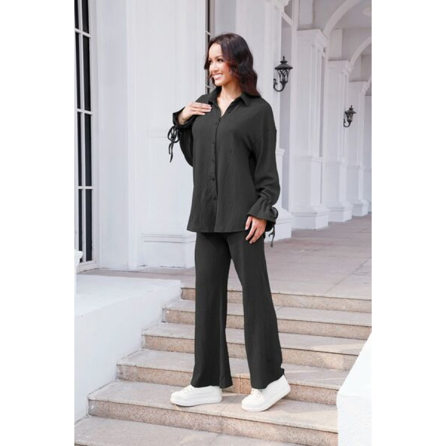 Drawstring Flounce Sleeve Shirt and Pants Set Clothing