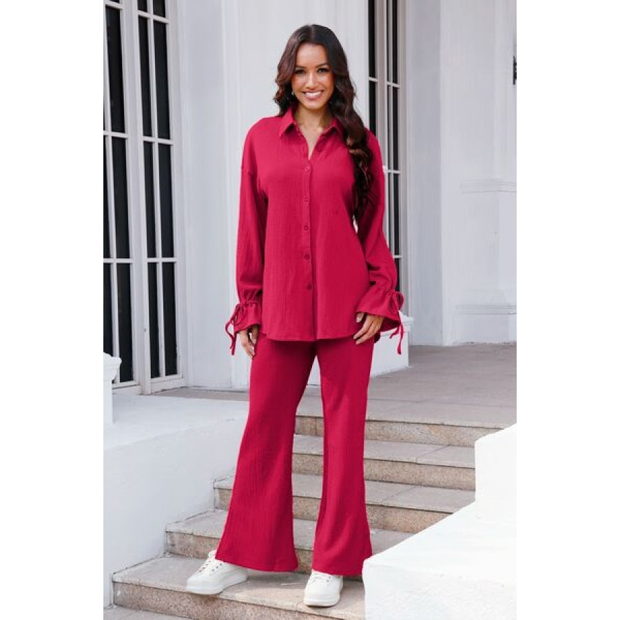 Drawstring Flounce Sleeve Shirt and Pants Set Deep Rose / S Clothing