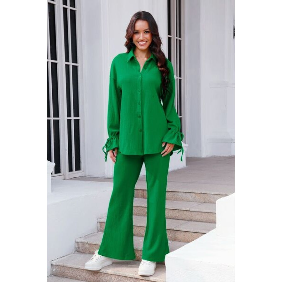 Drawstring Flounce Sleeve Shirt and Pants Set Green / S Clothing