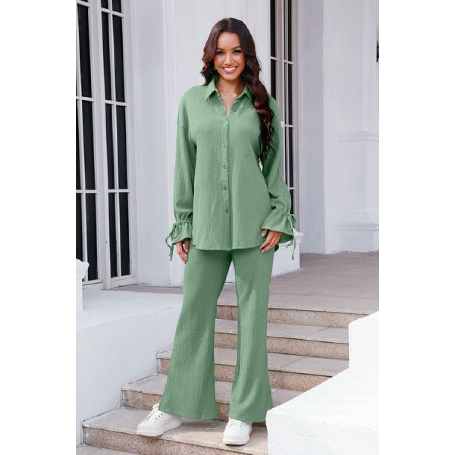 Drawstring Flounce Sleeve Shirt and Pants Set Sage / S Clothing