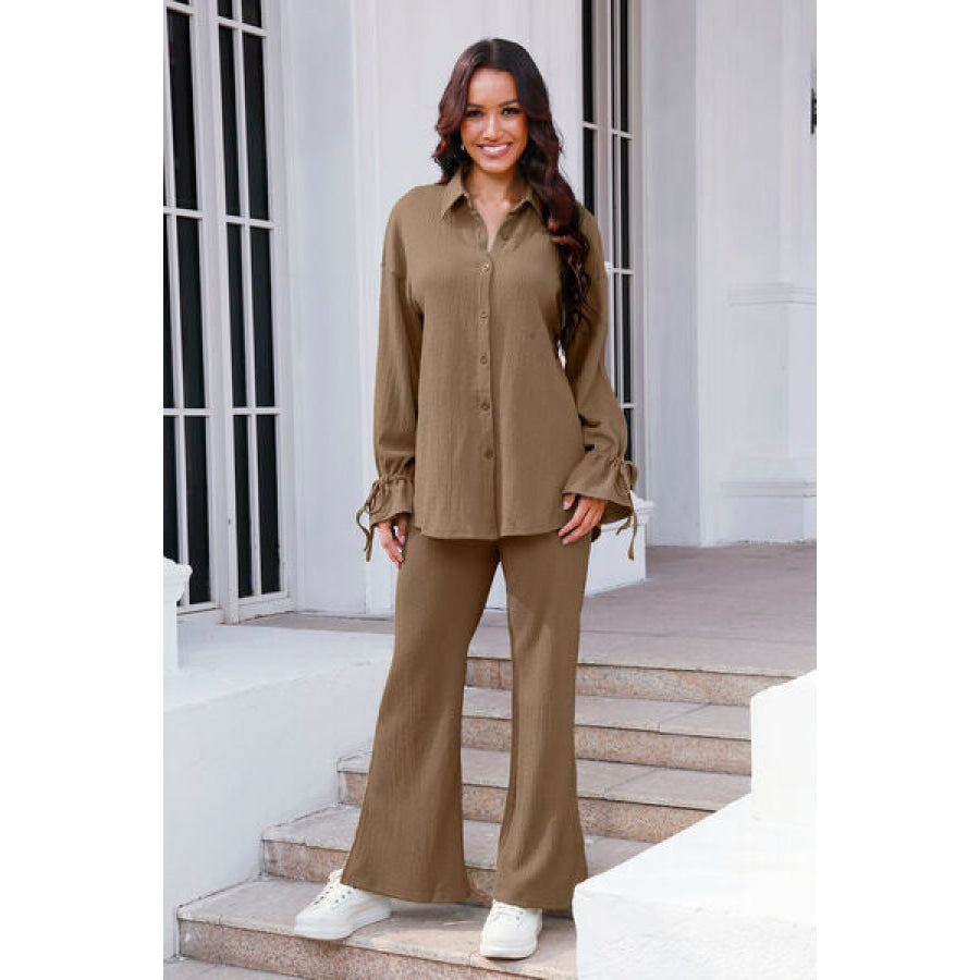 Drawstring Flounce Sleeve Shirt and Pants Set Taupe / S Clothing