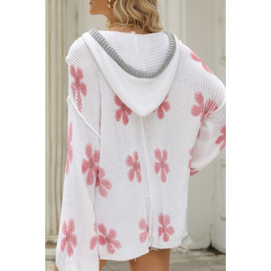 Drawstring Flower Hooded Knit Top Apparel and Accessories