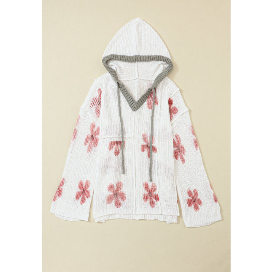 Drawstring Flower Hooded Knit Top Apparel and Accessories