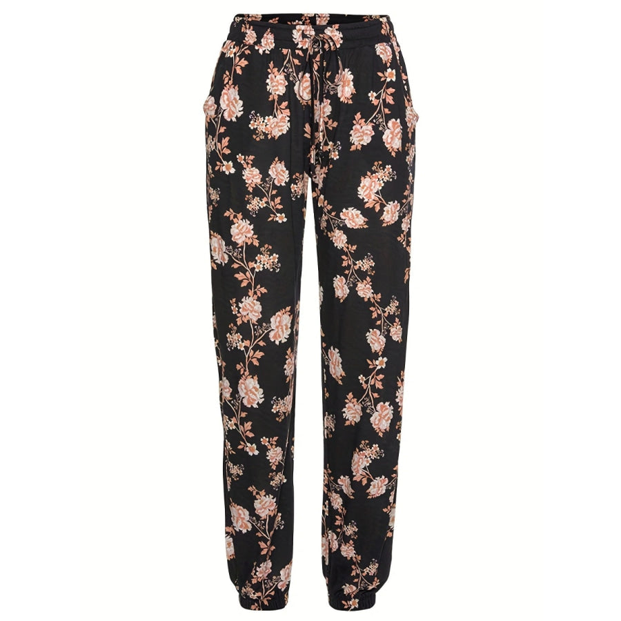 Drawstring Flower Pants with Pockets Apparel and Accessories