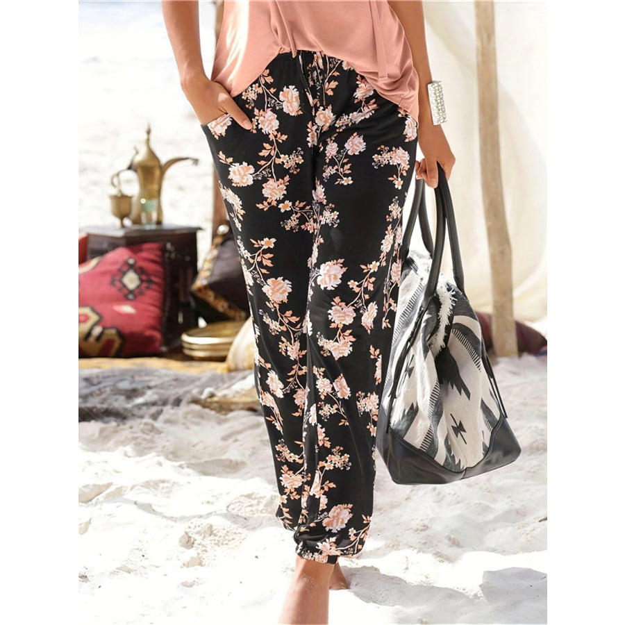 Drawstring Flower Pants with Pockets Black / S Apparel and Accessories