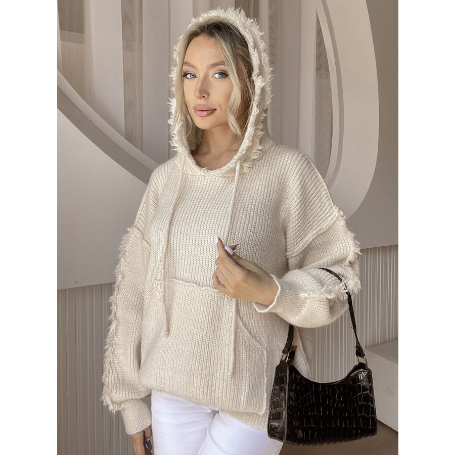 Drawstring Fringe Hem Long Sleeve Hooded Sweater Beige / One Size Apparel and Accessories