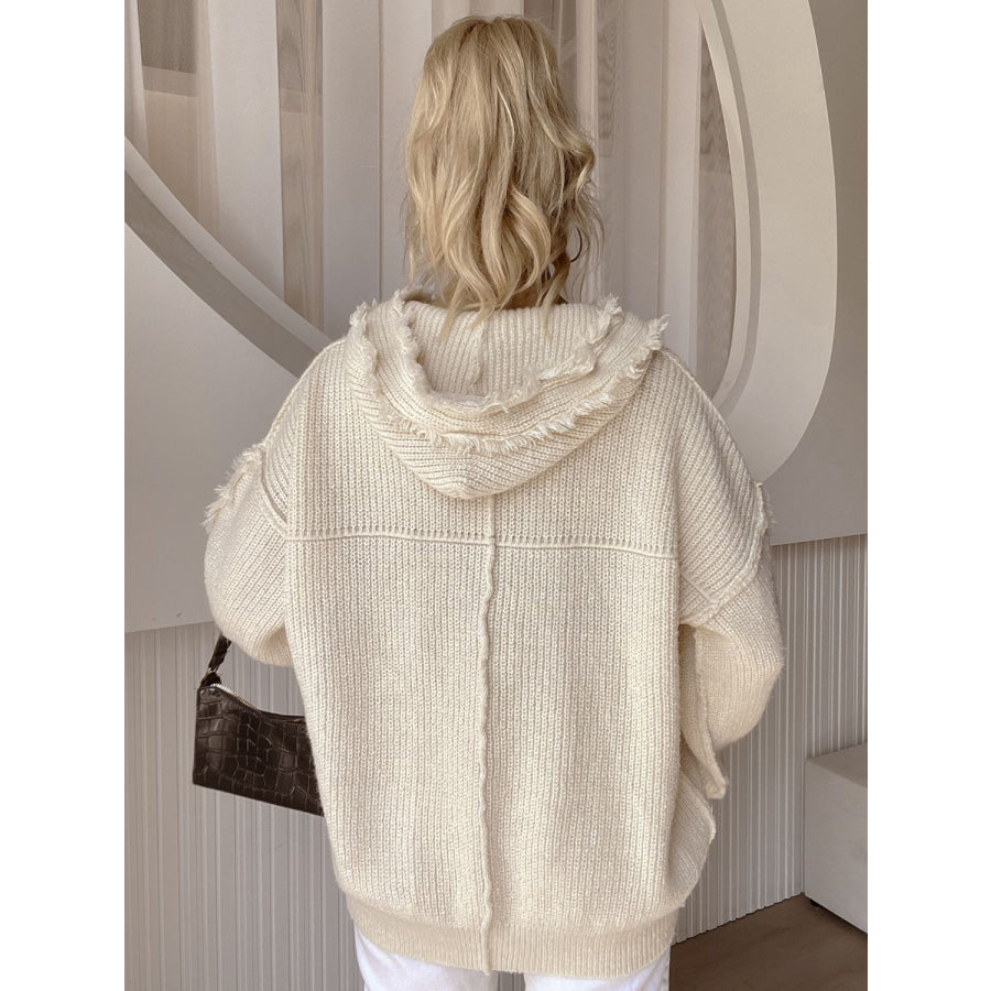 Drawstring Fringe Hem Long Sleeve Hooded Sweater Beige / One Size Apparel and Accessories