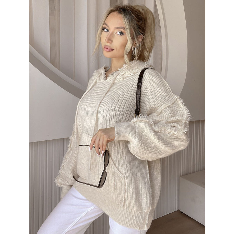 Drawstring Fringe Hem Long Sleeve Hooded Sweater Beige / One Size Apparel and Accessories