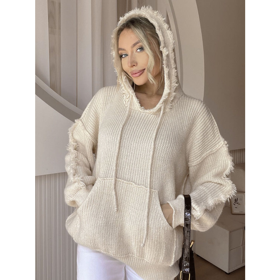 Drawstring Fringe Hem Long Sleeve Hooded Sweater Beige / One Size Apparel and Accessories