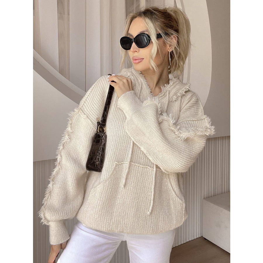 Drawstring Fringe Hem Long Sleeve Hooded Sweater Beige / One Size Apparel and Accessories