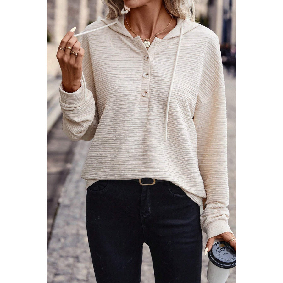 Drawstring Half Button Dropped Shoulder Hoodie Ivory / S Apparel and Accessories