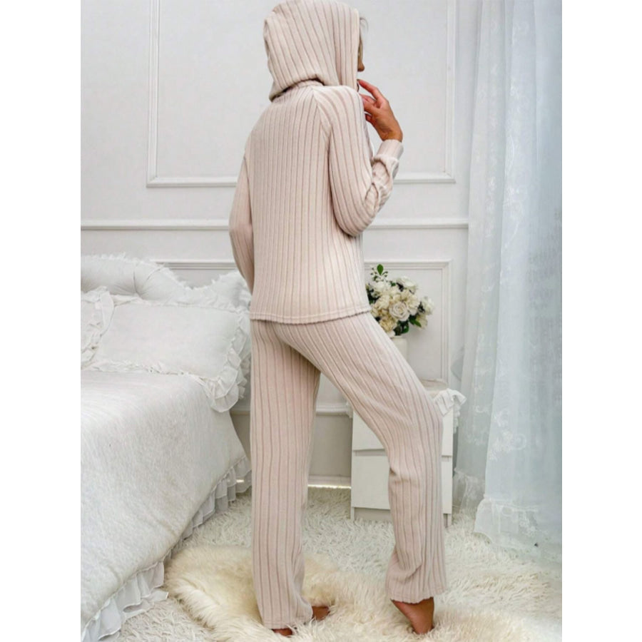 Drawstring Half Button Hooded Top and Ribbed Pants Set Apparel and Accessories