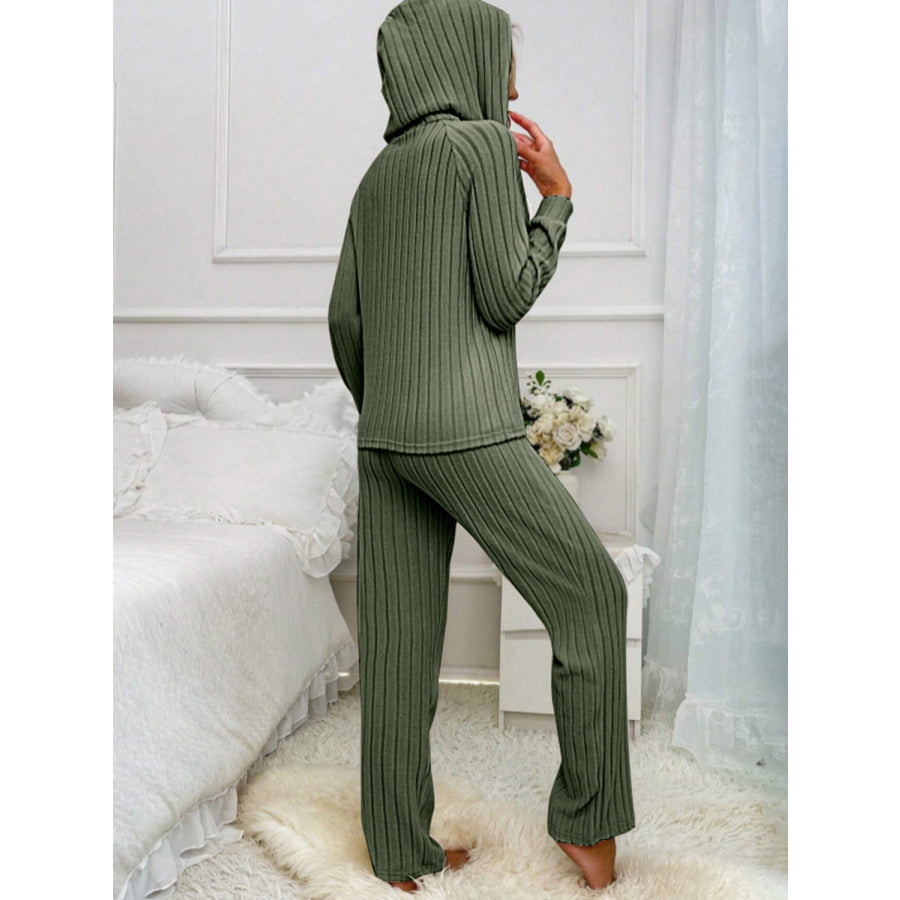 Drawstring Half Button Hooded Top and Ribbed Pants Set Apparel and Accessories