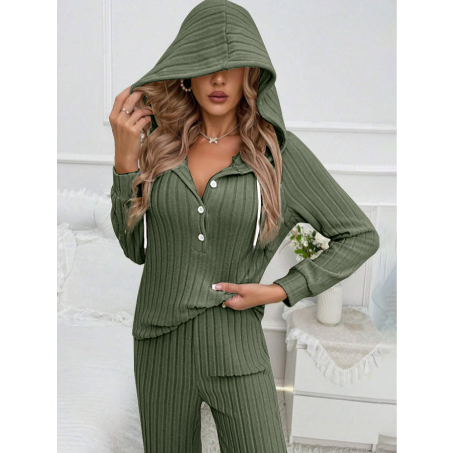 Drawstring Half Button Hooded Top and Ribbed Pants Set Moss / S Apparel and Accessories