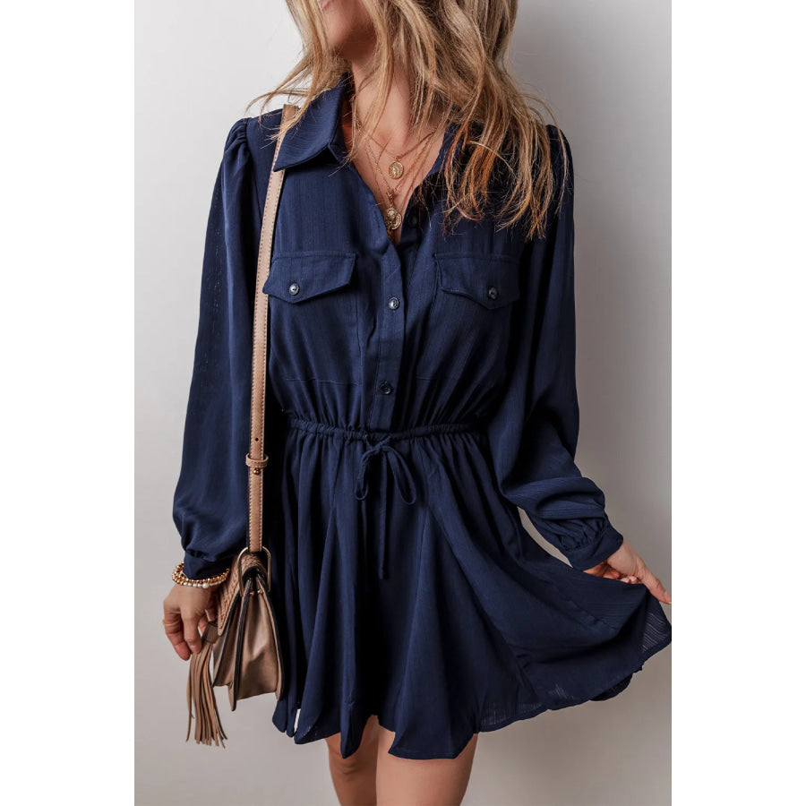 Drawstring Half Button Long Sleeve Dress Apparel and Accessories