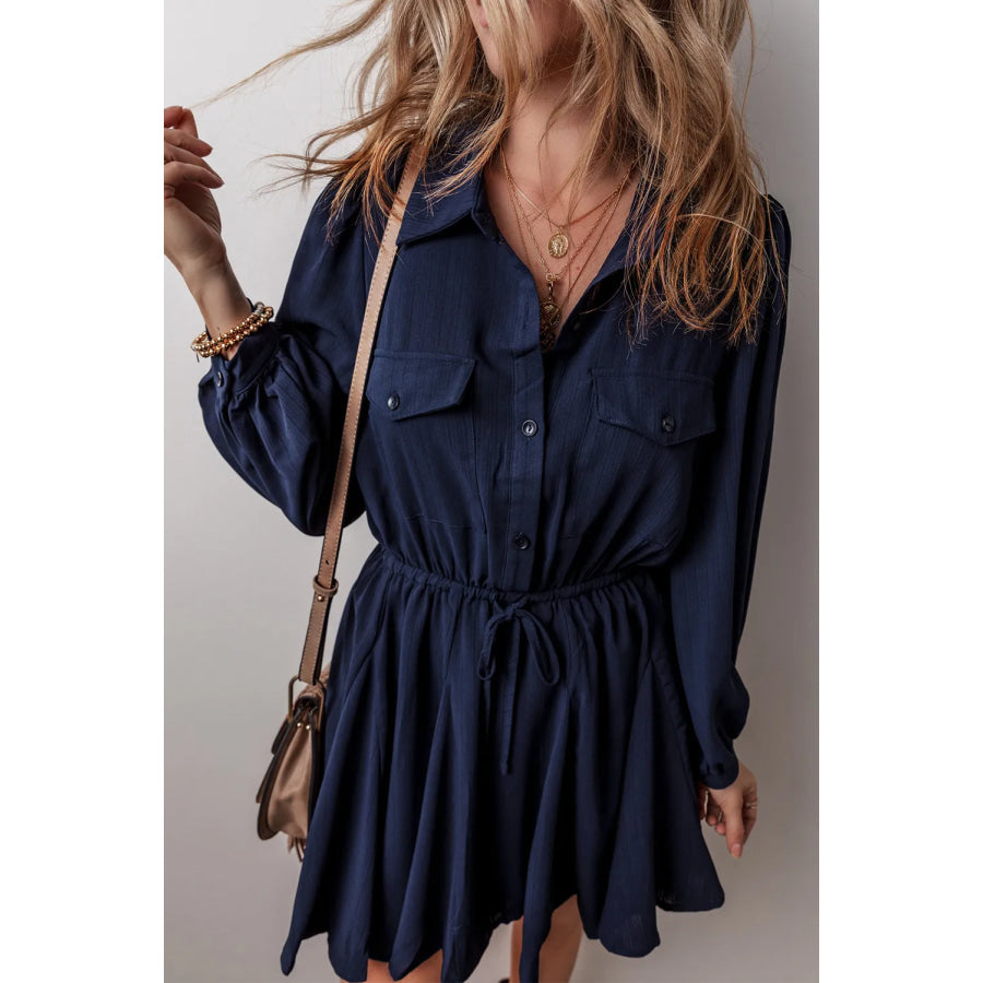 Drawstring Half Button Long Sleeve Dress Apparel and Accessories