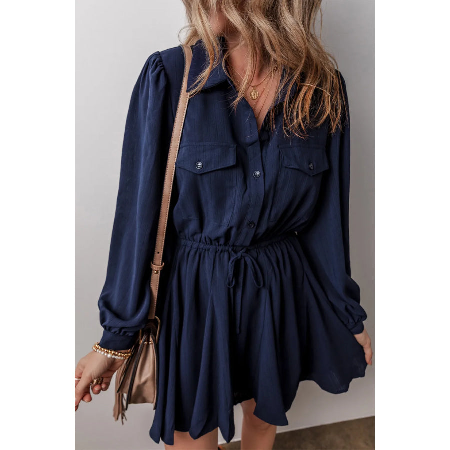 Drawstring Half Button Long Sleeve Dress Apparel and Accessories