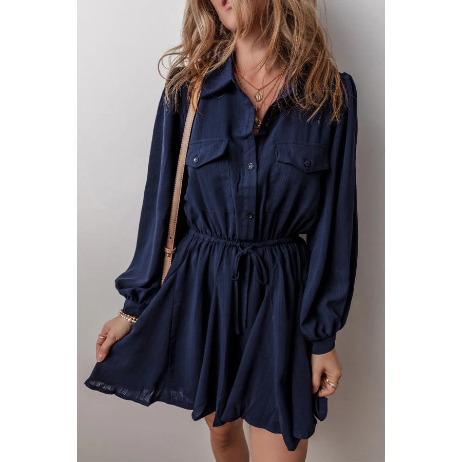 Drawstring Half Button Long Sleeve Dress Dark Navy / S Apparel and Accessories