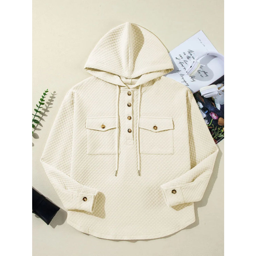 Drawstring Half Button Long Sleeve Hoodie Apparel and Accessories