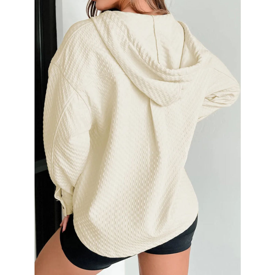 Drawstring Half Button Long Sleeve Hoodie Beige / S Apparel and Accessories