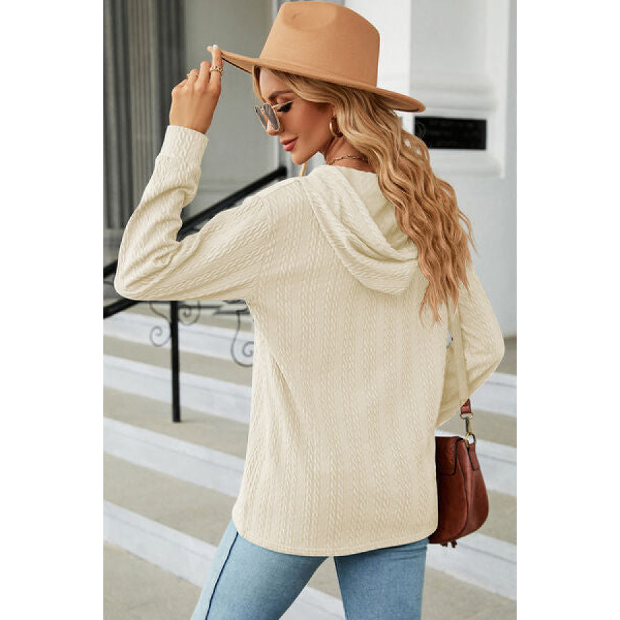 Drawstring Half Button Long Sleeve Hoodie Apparel and Accessories